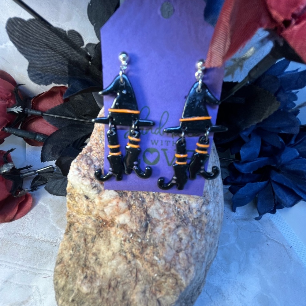 Witch Hat Earrings - Black and Orange